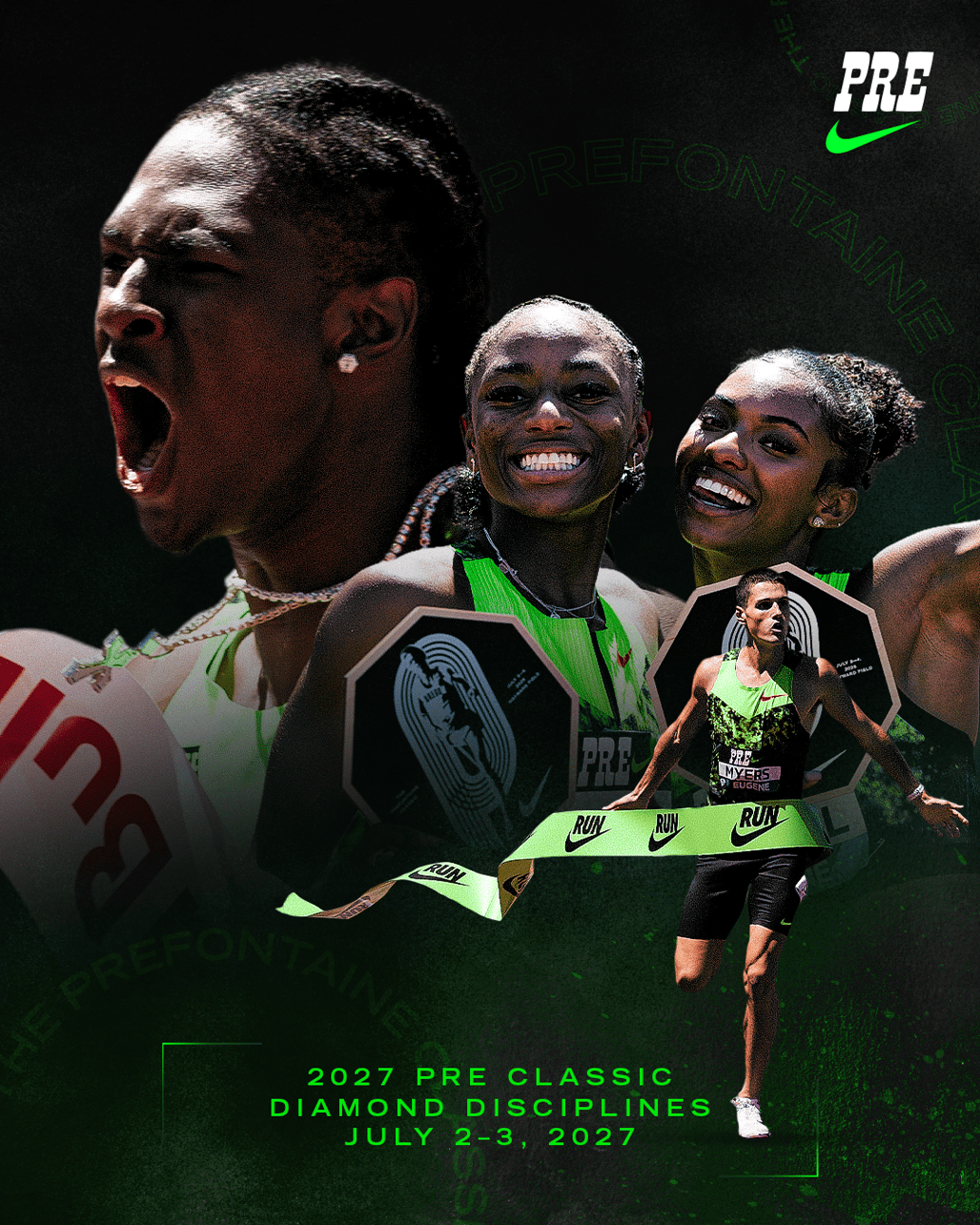 Graphic reading “2027 Pre Classic Diamond Disciplines,” featuring Nike athletes Taylor, Melissa Jefferson-Wooden, Masai Russell and Cameron Myers.